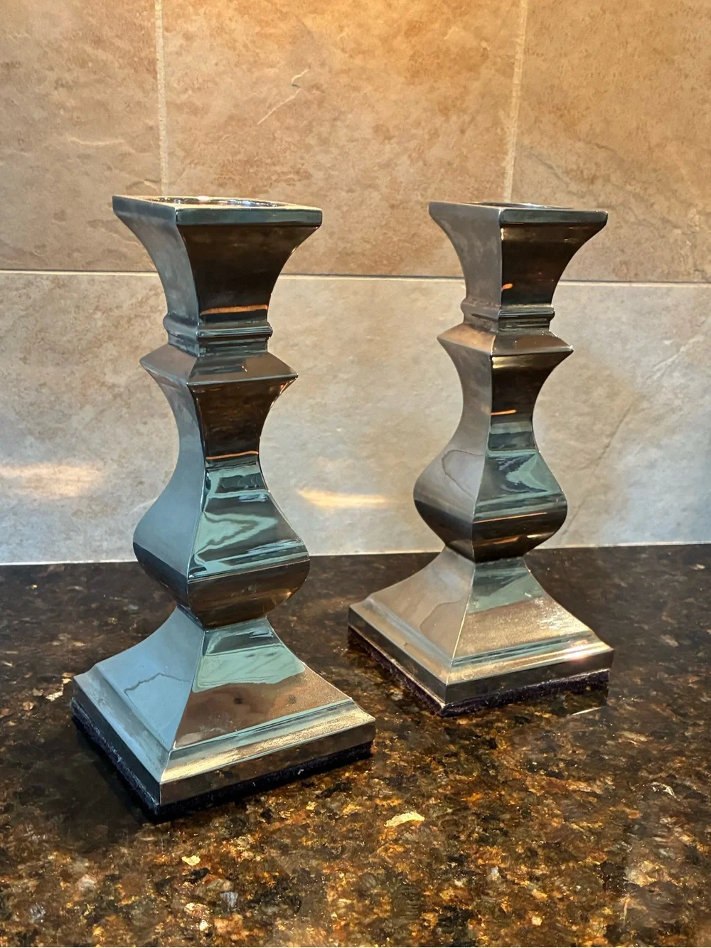 Source Unknown Mirrored Silver Taper Candle Holders - Pair